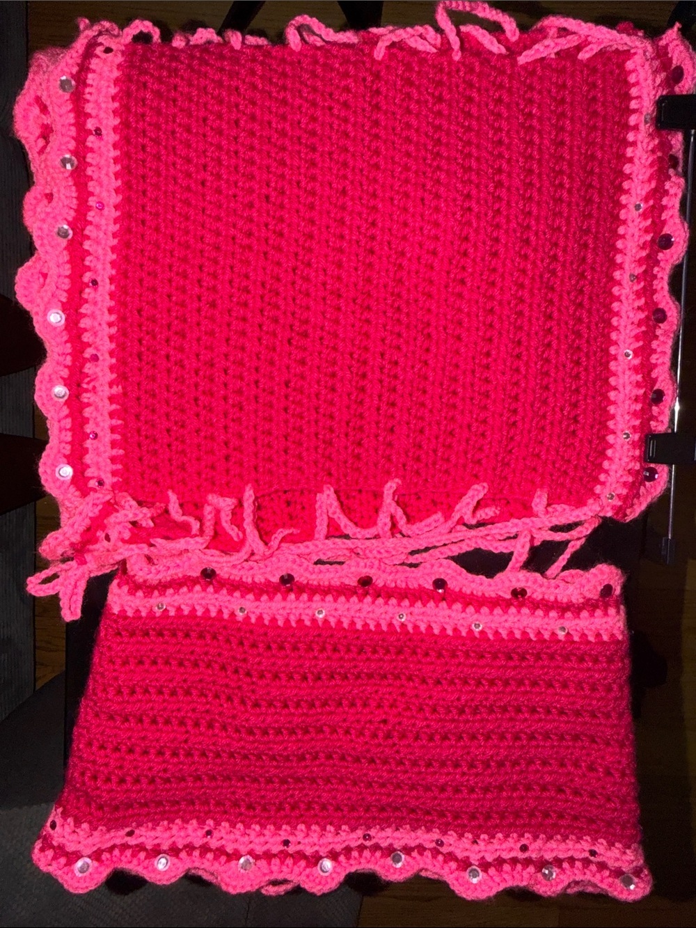 Handmade Bright Pink Crochet two piece set with Scalloped Edge